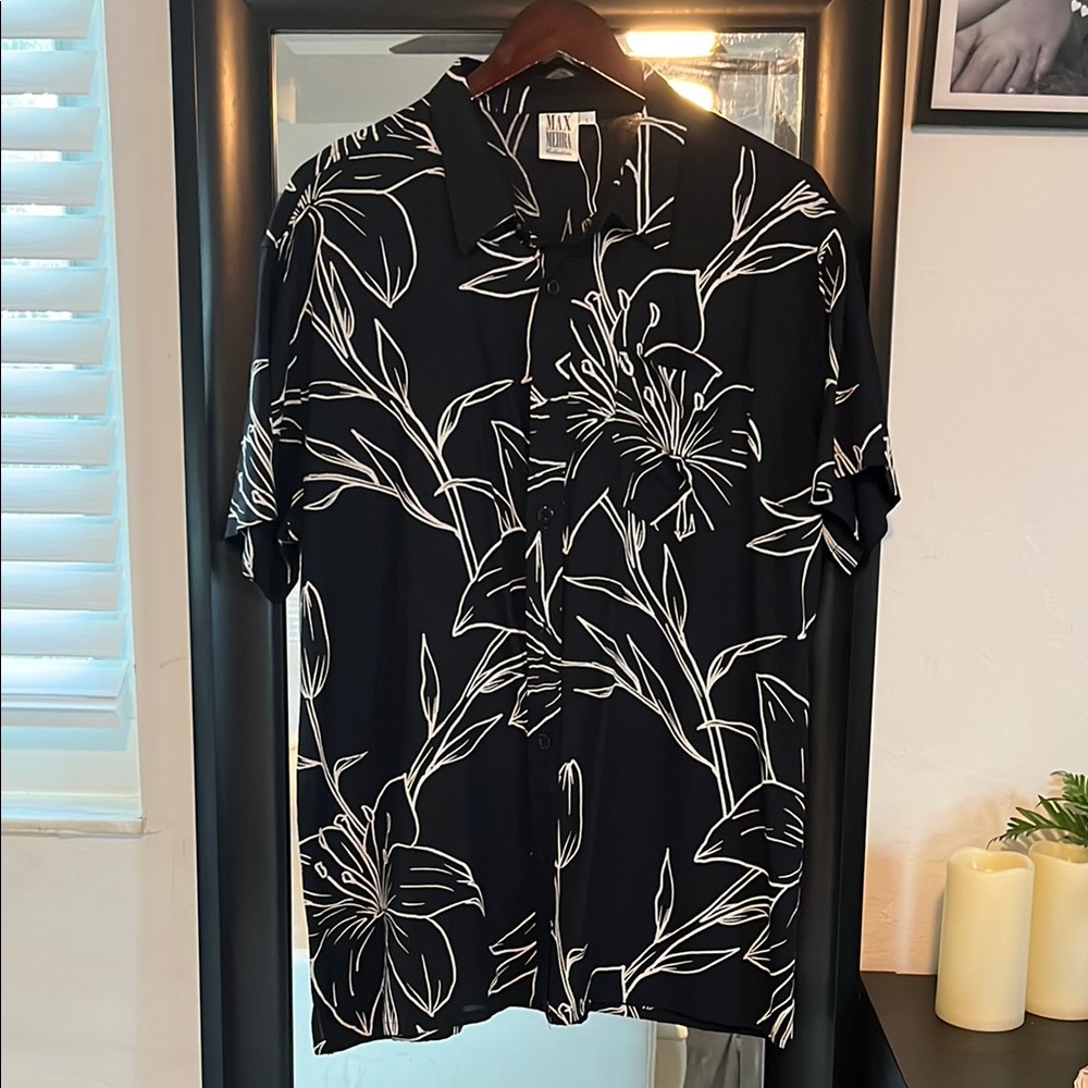 Black and White Casual Button Down Shirt with Bold Floral Design